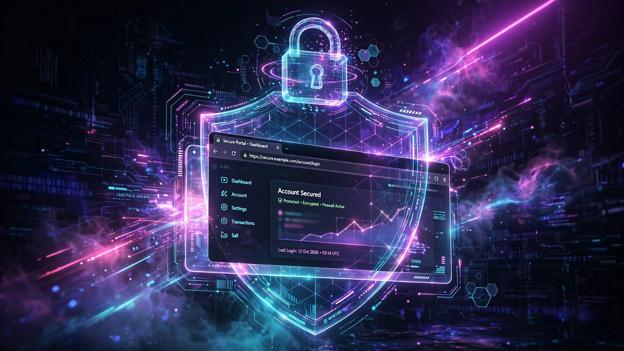 A glowing shield and padlock protecting a website