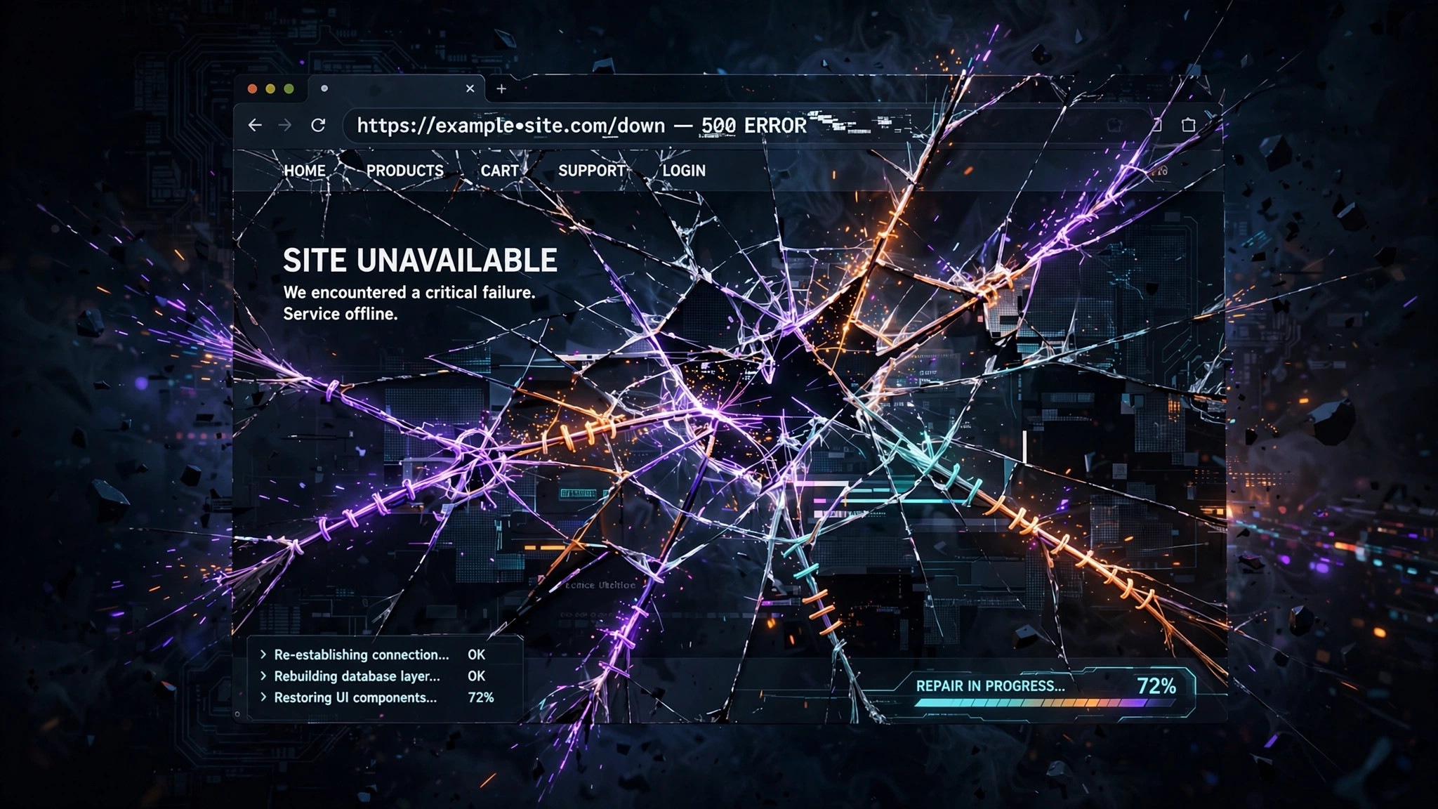 A broken website being repaired with glowing seams of light